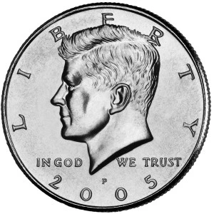 2005-P Kennedy half dollar doubled die obverse close-up showing doubling on LIBERTY lettering